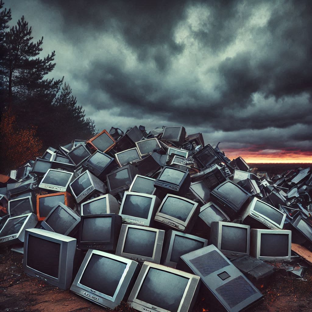 A pile of old monitors and TVs dumped outdoors
