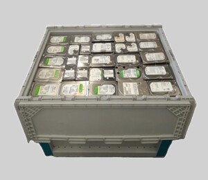 Crate of electronic waste ready for recycling
